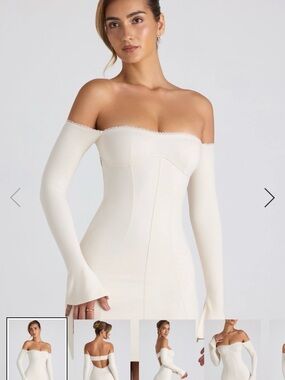 Oh Polly Off-Shoulder Long Sleeve Cream Bodycon Dress Suki